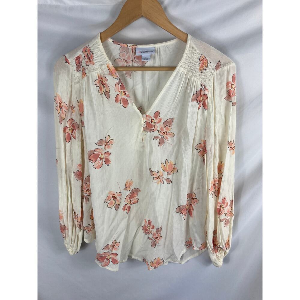 Liz Claiborne Floral White Pink Flowy Blouse Size Small